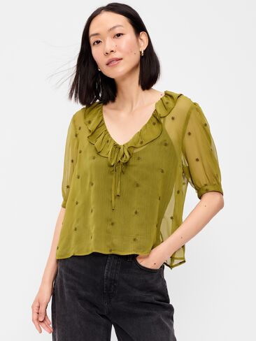 Old Navy Sheer Ruffle Collar Tie-Front Chiffon Top - Mysterious Fern in Kuwait