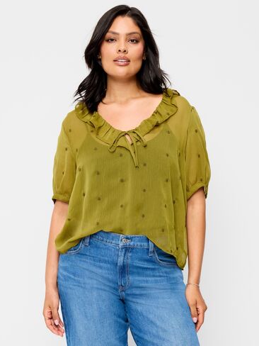Old Navy Sheer Ruffle Collar Tie-Front Chiffon Top - Mysterious Fern in Kuwait