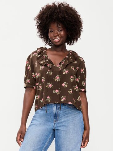 Old Navy Ruffle Collar Tie-Front Top - Brown Floral in Kuwait