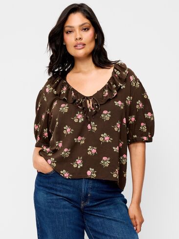 Old Navy Ruffle Collar Tie-Front Top - Brown Floral in Kuwait