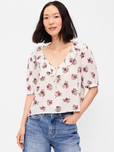 Old Navy Ruffle Collar Tie-Front Top - White Floral in Kuwait