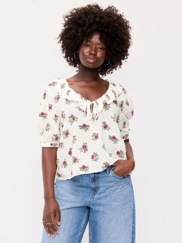 Old Navy Ruffle Collar Tie-Front Top - White Floral in Kuwait