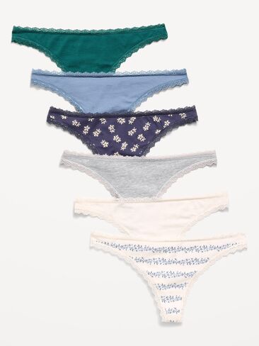 Old Navy 6-Pack Low-Rise Lace-Trim Cotton Thongs - Blue Floral in Kuwait