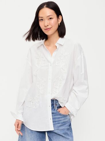 Old Navy Oversized Button-Down Boyfriend Shirt - White Lilies in Kuwait