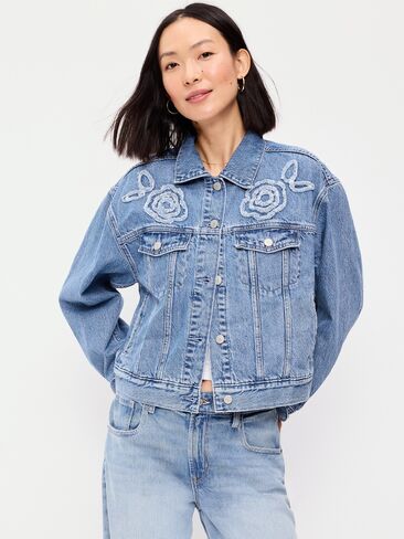 Old Navy Embroidered Cropped Denim Jacket - Medium Indigo in Kuwait