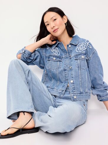 Old Navy Embroidered Cropped Denim Jacket - Medium Indigo in Kuwait