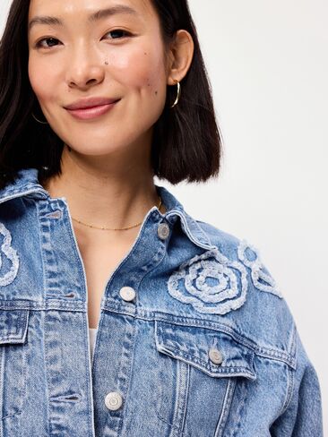 Old Navy Embroidered Cropped Denim Jacket - Medium Indigo in Kuwait