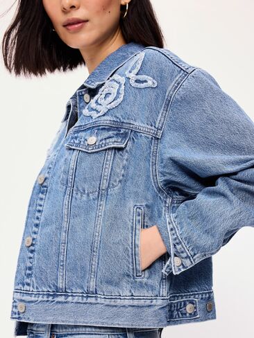 Old Navy Embroidered Cropped Denim Jacket - Medium Indigo in Kuwait