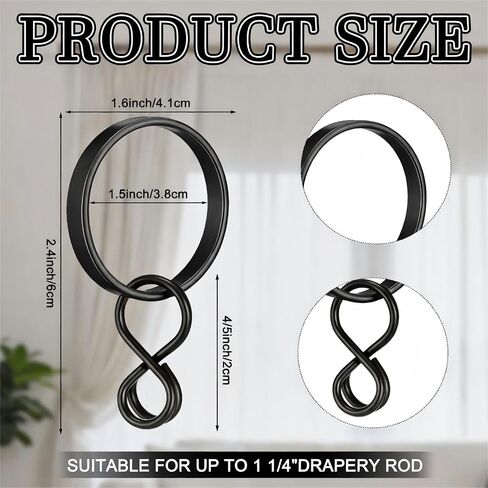 50 Pack Curtain Rings with Eyelets 1.5 Inch Ring for Curtain Pin Hooks Metal with Clips for Rods 1.2" or Smaller(Black) in Saudi Arabia