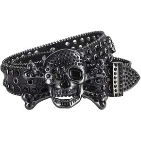 Men Women Rhinestone Skull Studded Belts,Punk Skull Belt Bling Stylish Studded Leather Belt-1 5/9" in Saudi Arabia