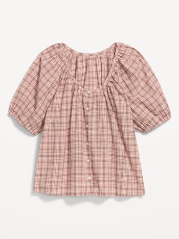 Old Navy Short-Sleeve Button-Front Plaid Top - Pink Plaid in Kuwait