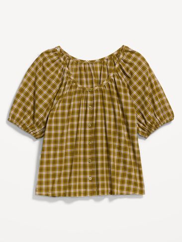 Old Navy Short-Sleeve Button-Front Plaid Top - Green Plaid in Kuwait