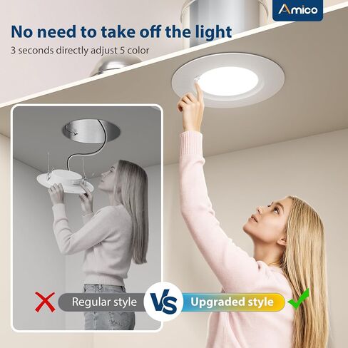 Amico 5/6 بوصة 5CCT LED إضاءة غائرة 20 حزمة، 1050LM مصابيح LED مسطحة رفيعة للغاية، قابلة للتعتيم، تصنيف IC، 12W Eqv 110W، 2700K/3000K/4000K/5000K/6000K قابلة للتحديد، تركيب التحديثية - ETL وFCC in Kuwait