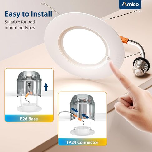 Amico 5/6 بوصة 5CCT LED إضاءة غائرة 20 حزمة، 1050LM مصابيح LED مسطحة رفيعة للغاية، قابلة للتعتيم، تصنيف IC، 12W Eqv 110W، 2700K/3000K/4000K/5000K/6000K قابلة للتحديد، تركيب التحديثية - ETL وFCC in Kuwait