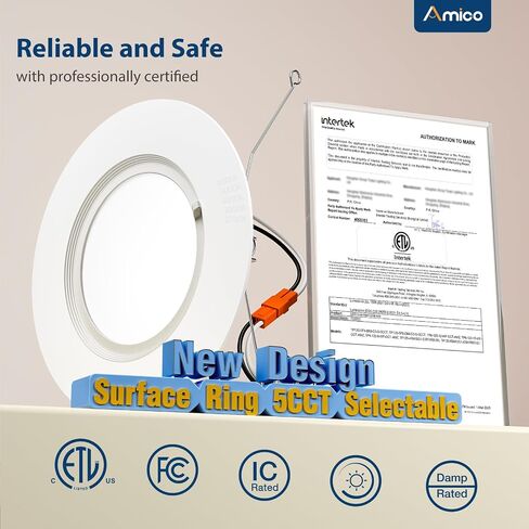Amico 5/6 بوصة 5CCT LED إضاءة غائرة 20 حزمة، 1050LM مصابيح LED مسطحة رفيعة للغاية، قابلة للتعتيم، تصنيف IC، 12W Eqv 110W، 2700K/3000K/4000K/5000K/6000K قابلة للتحديد، تركيب التحديثية - ETL وFCC in Kuwait