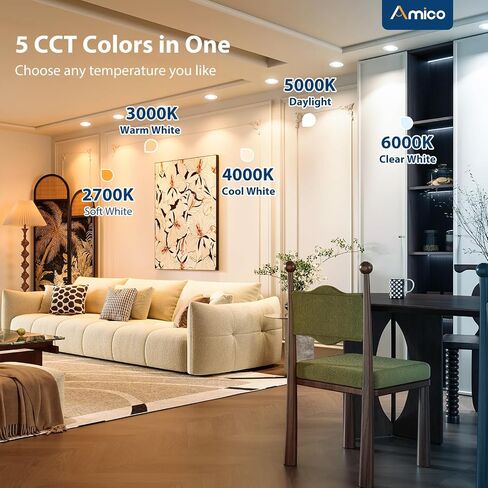 Amico 5/6 بوصة 5CCT LED إضاءة غائرة 20 حزمة، 1050LM مصابيح LED مسطحة رفيعة للغاية، قابلة للتعتيم، تصنيف IC، 12W Eqv 110W، 2700K/3000K/4000K/5000K/6000K قابلة للتحديد، تركيب التحديثية - ETL وFCC in Kuwait