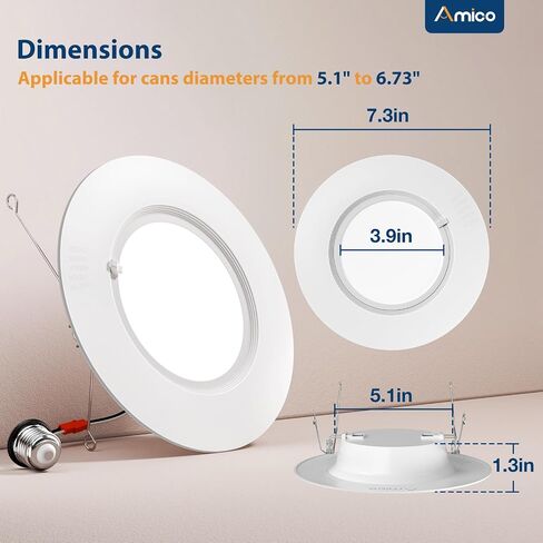 Amico 5/6 بوصة 5CCT LED إضاءة غائرة 20 حزمة، 1050LM مصابيح LED مسطحة رفيعة للغاية، قابلة للتعتيم، تصنيف IC، 12W Eqv 110W، 2700K/3000K/4000K/5000K/6000K قابلة للتحديد، تركيب التحديثية - ETL وFCC in Kuwait