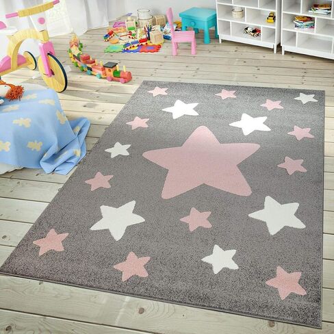 Paco Home Rug for Kids Room & Nursery Starry Sky Star Pattern Playroom in Dark Gray Pink White, Size:5'3" x 7'3" in Saudi Arabia
