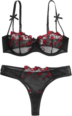 Lilosy Sexy Bows Floral Embroidered Mesh Sheer Underwire Lingerie Set 2 Piece in Saudi Arabia