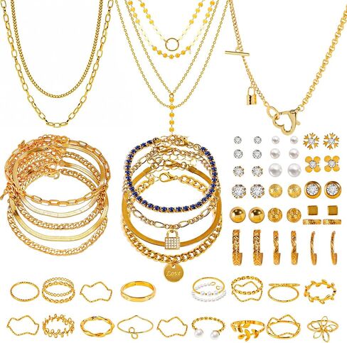 46 Pieces Silver Jewelry Sets for Women Fashion Costume Jewelry Necklace Anklet Bracelet Earrings Set Suitable for Daily life Gatherings Party Festivals and Travel in Saudi Arabia