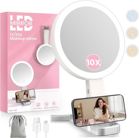 Makeup Mirror with Lights, 10X /1X Double-Sided Lighted Makeup Mirror with Magnification, Rechargeable Magnifying Mirror with 3 Color Lights, Portable Make up Mirror 3 in 1 Tabletop/Handheld/Hanging in Saudi Arabia