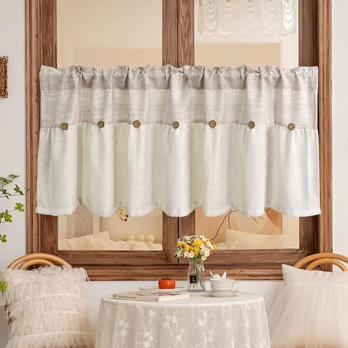 Gxi Linen Button Farmhouse Valance 20 inches Length, 2 Pack Rustic Kitchen Curtain for Small Windows with Coconut Husk Button Detail Window Treatment Tiers,Blue Natural W39 x L20 inch in Saudi Arabia