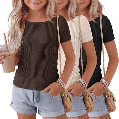 3 Pack Girls Shirts Cotton Basic Tees Ribbed Knit Slim Fit T Shirts Boat Neck Tops Casual for Kids Ages 5-14 in Saudi Arabia