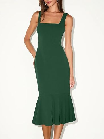 Women's Square Neck Ruffle Hem Tank Midi Dress Elegant Sleeveless Bodycon Sexy Slim Tight Fit Dresses in Saudi Arabia
