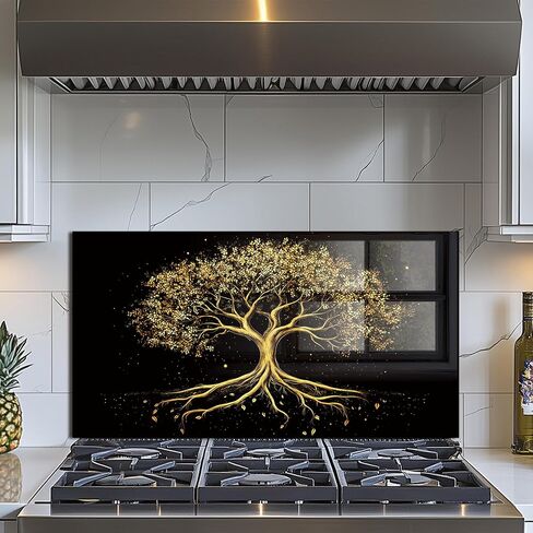 Evgosm Tempered Glass Backsplash for Kitchen， Stove Splashback, Tree of Life Glass Backsplash, Easy to Install and Clean, Used for Kitchen Wall Protection and Decoration. (30x24'') in Saudi Arabia