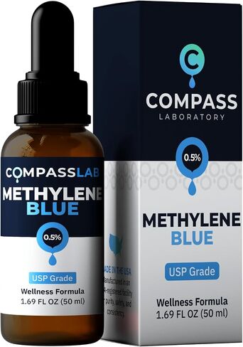COMPASS LABORATORY، درجة الميثيلين الأزرق الصيدلانية، درجة USP، مكمل غذائي تم اختباره من قبل طرف ثالث للبشر، خالٍ من الفورمالديهايد، صنع في الولايات المتحدة الأمريكية (زجاجة 0.5% 50 مل) in Kuwait