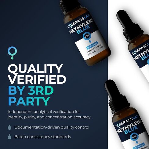 COMPASS LABORATORY، درجة الميثيلين الأزرق الصيدلانية، درجة USP، مكمل غذائي تم اختباره من قبل طرف ثالث للبشر، خالٍ من الفورمالديهايد، صنع في الولايات المتحدة الأمريكية (زجاجة 0.5% 50 مل) in Kuwait