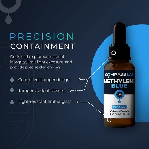 COMPASS LABORATORY، درجة الميثيلين الأزرق الصيدلانية، درجة USP، مكمل غذائي تم اختباره من قبل طرف ثالث للبشر، خالٍ من الفورمالديهايد، صنع في الولايات المتحدة الأمريكية (زجاجة 0.5% 50 مل) in Kuwait