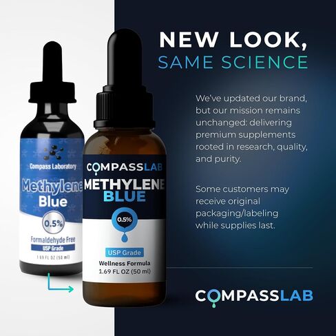 COMPASS LABORATORY، درجة الميثيلين الأزرق الصيدلانية، درجة USP، مكمل غذائي تم اختباره من قبل طرف ثالث للبشر، خالٍ من الفورمالديهايد، صنع في الولايات المتحدة الأمريكية (زجاجة 0.5% 50 مل) in Kuwait
