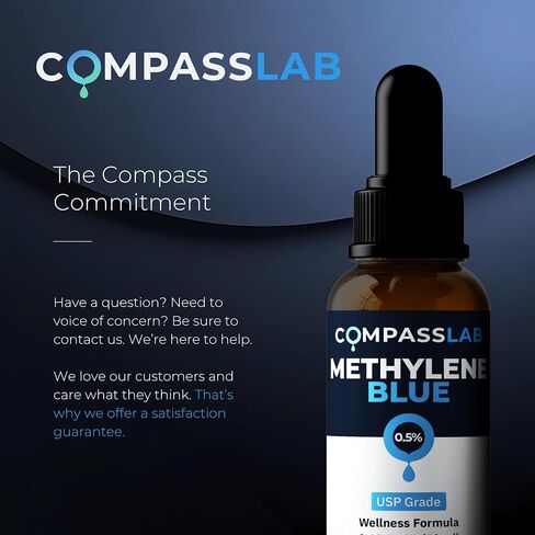COMPASS LABORATORY، درجة الميثيلين الأزرق الصيدلانية، درجة USP، مكمل غذائي تم اختباره من قبل طرف ثالث للبشر، خالٍ من الفورمالديهايد، صنع في الولايات المتحدة الأمريكية (زجاجة 0.5% 50 مل) in Kuwait