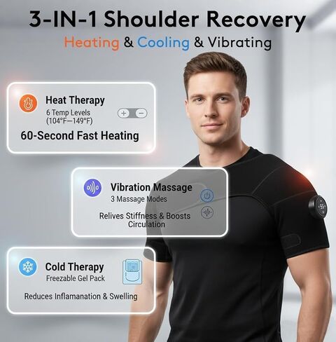 Cordless Shoulder Heating Pad with Vibration & Cold Gel Pack, Heat, Cool&Massage Support Wrap 6 Heat Level, 3 Vibration Mode, Adjustable Neoprene Shoulder Brace for Rotator Cuff Pain Relief Men&Women in Kuwait