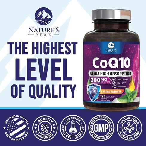 CoQ10 200 ملغ - مكمل كبسولات هلامية Co Q 10 فائقة الامتصاص مع الفلفل الأسود والطاقة ودعم صحة القلب ومضادات الأكسدة - الإنزيم المساعد Q10 (يوبيكوينون) للنساء والرجال، معبأ في زجاجات في الولايات المتحدة الأمريكية - 120 كبسولة هلامية in Kuwait