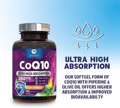 CoQ10 200 ملغ - مكمل كبسولات هلامية Co Q 10 فائقة الامتصاص مع الفلفل الأسود والطاقة ودعم صحة القلب ومضادات الأكسدة - الإنزيم المساعد Q10 (يوبيكوينون) للنساء والرجال، معبأ في زجاجات في الولايات المتحدة الأمريكية - 120 كبسولة هلامية in Kuwait