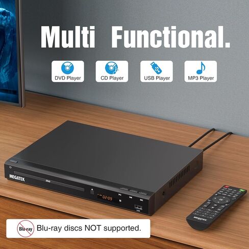 MEGATEK Region-Free DVD Player for TV with HDMI, CD Player for Home, Plays All Regions and Formats, USB Port, Durable Metal Casing, Remote, HDMI and RCA Cables Included in Saudi Arabia