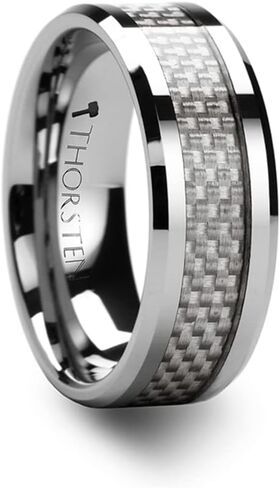 Mens Comfort Fit -Beveled Tungsten Carbide Wedding Ring - White Carbon Fiber Inlay - 4mm 6mm 8mm 10mm 12mm Wide - Style name: ULTIMUS - Lifetime Warranty in Saudi Arabia