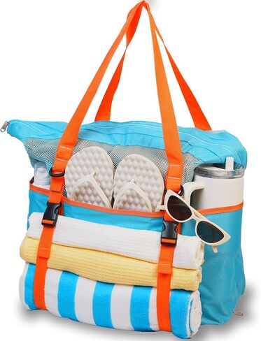 40L Large Black Mesh Dual Zipper Beach Bag Tote Towel Holder Zipper Bottom Sandproof Waterproof in Kuwait