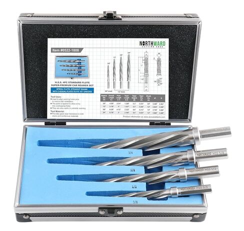 Accusize Chucking Reamer Set, 3/8", 1/2", 5/8", 3/4", NORTHWARD Premium | 4 Pc HSS Spiral Flute, Polished, 5 Flute, 3-Equal-Flat Shank, Stop Collar, Fitted Box, 0522-1808 in Saudi Arabia