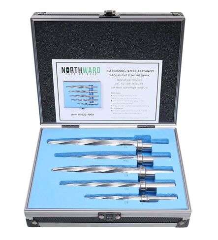 Accusize Chucking Reamer Set, 3/8", 1/2", 5/8", 3/4", NORTHWARD Premium | 4 Pc HSS Spiral Flute, Polished, 5 Flute, 3-Equal-Flat Shank, Stop Collar, Fitted Box, 0522-1808 in Saudi Arabia