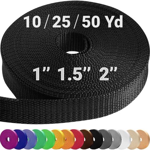 Webbing Strap, 3/4" to 2", 10-50 Yds, Multi-Color Heavy Duty Tape | Polypropylene waterproof flat rope for outdoor DIY, sewing, camping, EDC gear, backpack repair and pet dog leashes. in Kuwait