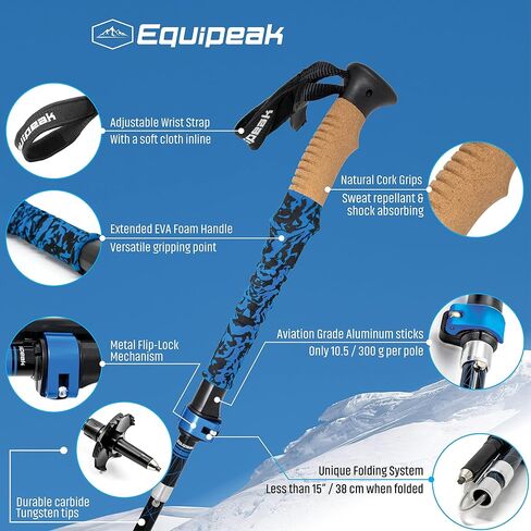 أقطاب الرحلات القابلة للطي من Equipeak، 2 من عصي المشي لمسافات طويلة من الألومنيوم المتين وخفيفة الوزن، مدمجة للسفر وكبار السن والرجال والنساء مع قبضة من الفلين الحقيقي وEVA، وقفل معدني قوي، ونصائح وحقيبة in Saudi Arabia