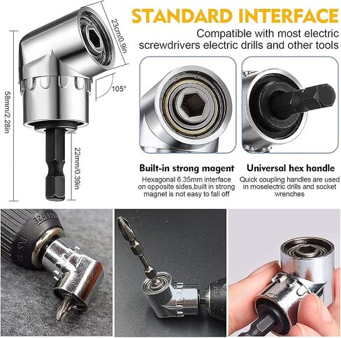 Flexible Drill Bit Extension Set 19pcs, Hex Shank 105°Right Angle Drill Attachment, 3pcs Drill Bit Holder Extension, 1/4 3/8 1/2" Universal Socket Adapter, Screwdriver Bit Kit in Saudi Arabia