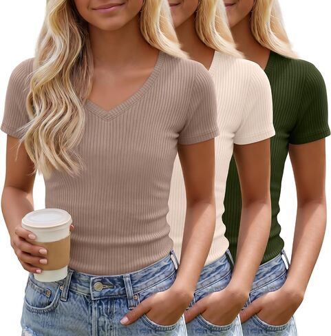 3 Pack Girls Ribbed Short Sleeve Shirts V Neck Slim Fit Tops Kids Summer Comfy Cute Teen Basic Tees in Saudi Arabia