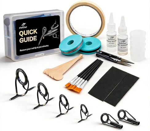 FishTrip Fishing Rod Guides Tips Repair Kit for DIY Rod Repair | Fishing Pole Complete Supplies Kit with 8 Size Pole Guides, 9 Size Tips, Epoxy Adhesive, Glue, Wrapping Thread, Tape in Kuwait