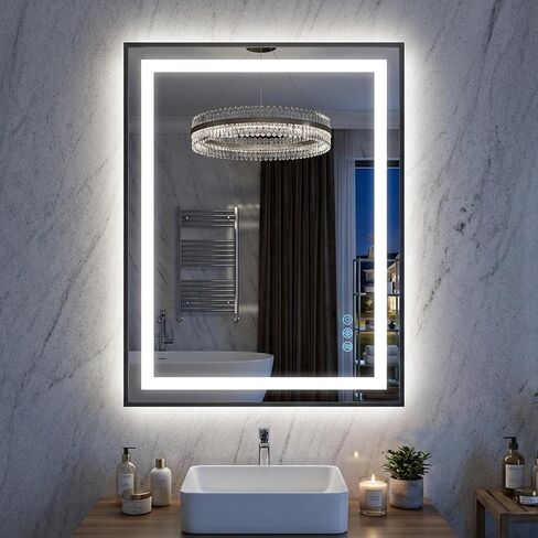 مرآة حمام أنتوك 24X36 LED مع أضواء، مرآة زينة للجدار بإطار أسود، تحكم باللمس، مقاومة للضباب، أضواء خافتة، مقاومة للكسر، وظيفة الذاكرة، مرايا زينة مثبتة على الحائط in Kuwait
