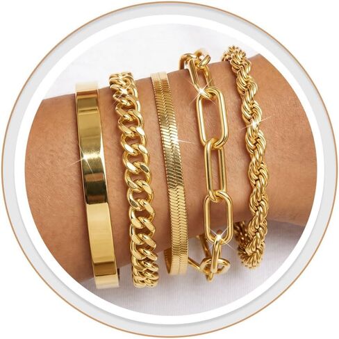PLOMFOV أساور الذهب للنساء كومة غير مشوهة 14K مطلية بالذهب أساور الذهب مكتنزة مجموعة سوار مطرز مشبك ورق سلسلة الكوبية الارتباط لذيذ العصرية مقاوم للماء أساور الكفة قابلة للتكديس مجوهرات هدايا للنساء in Kuwait