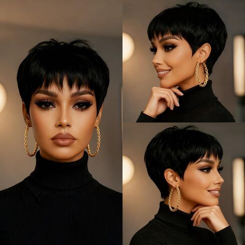 Short Pixie Cut Human Hair Wig for Black Women Black and Blonde Color Short Human Hair for Women Layered Haircut Glueless Wig with Bangs 1B99J Color in Kuwait